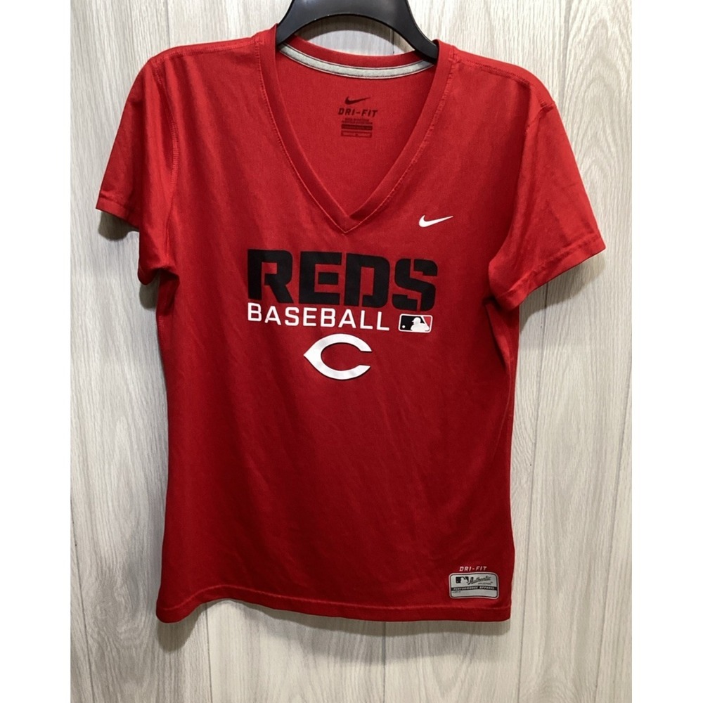 NIKE‎ Dri Fit Women's (Size M) Short Sleeve V-Neck T-Shirt Poly Cinci Reds